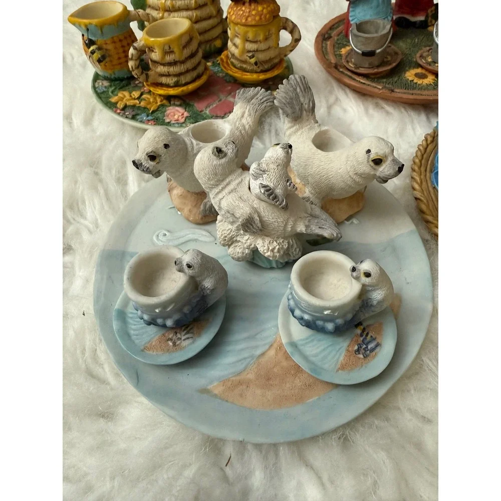 Vintage Whimsical Miniature Resin Tea Set Lot 6 Themes Bee Floral Dog Seal Cow